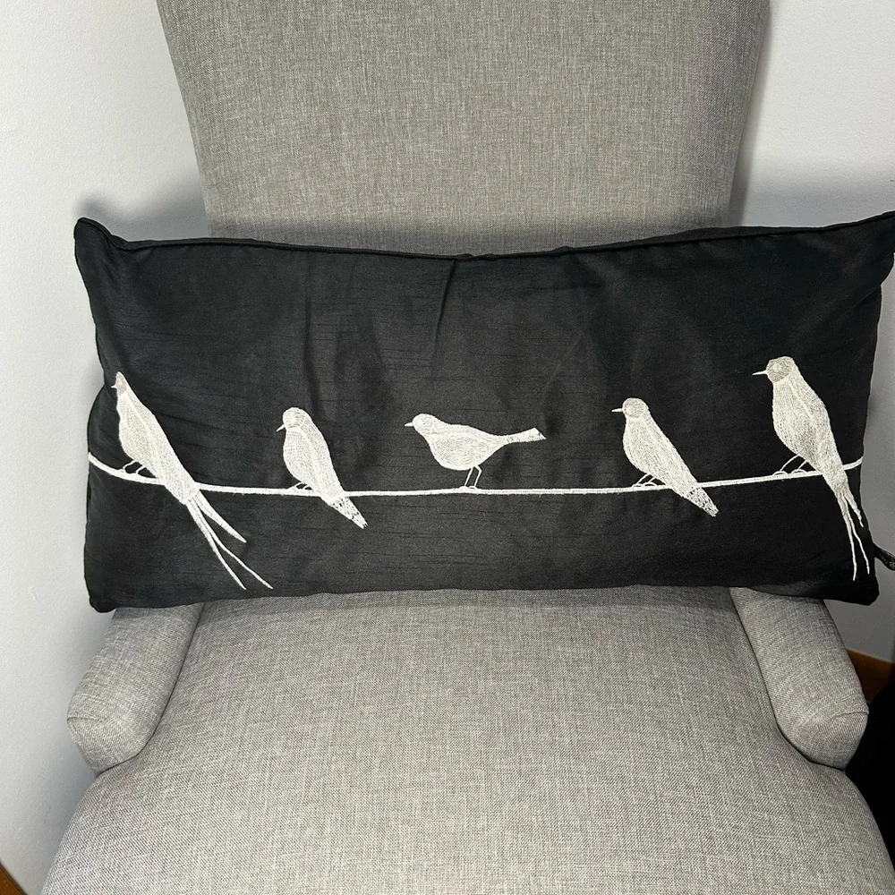 Silky black throw pillow with white birds on a wire #M-2050